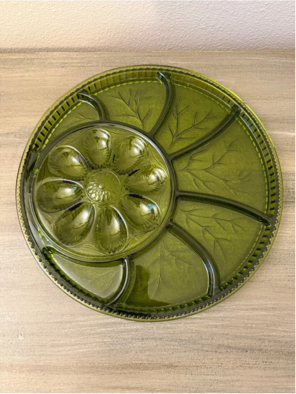 Indiana Glass Olive Green Tree of Life Deviled Egg & Relish Tray - Mint
